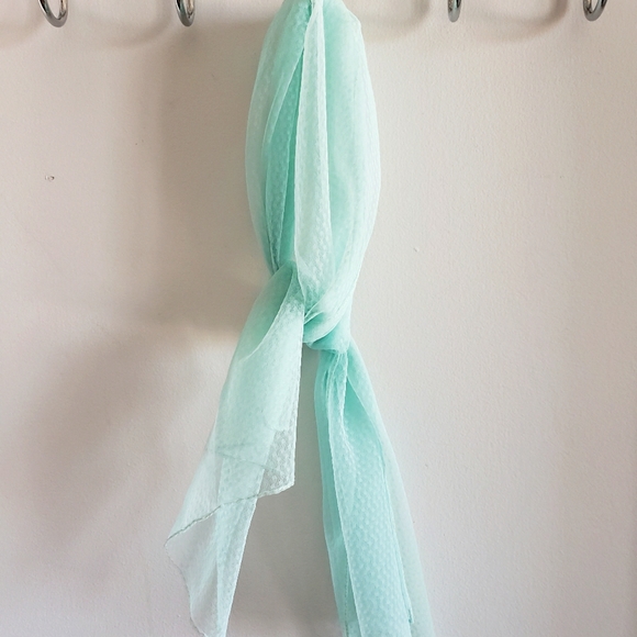 Tiffany Colored Silk Satin Check Pattern Neck Scarf Aquamarine Boho Sheer NWOT - Picture 5 of 6